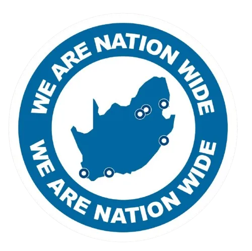 A blue circular badge with the words “WE ARE NATION WIDE” surrounds a map of South Africa, marked with five highlighted locations—showcasing our premium pool covers, including both automatic and manual pool covers.