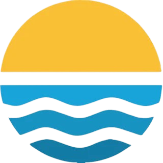 A circular design with a yellow top half resembling a sun above blue wavy lines, representing water, in the bottom half. The image symbolizes a sunrise or sunset over the ocean.